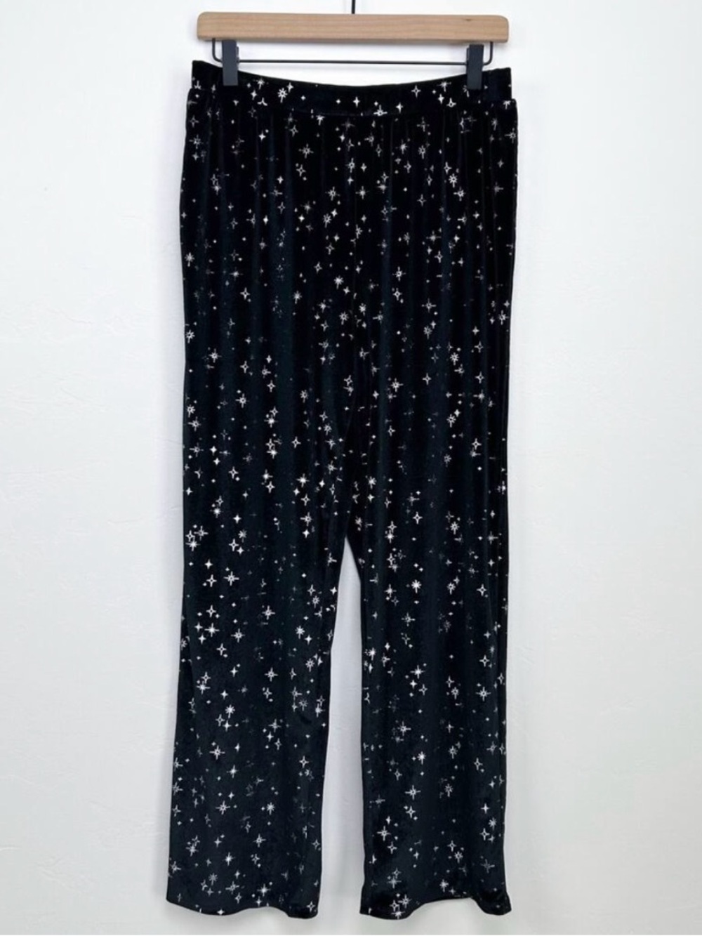 Steve Madden Black Velour Silver Celestial Star Wide Leg Lounge Casual Pants